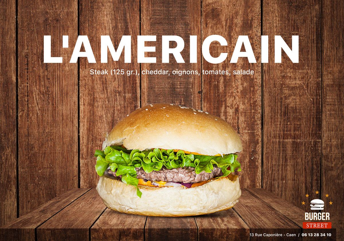 Illustration L'Américain - Le burger le plus classique : L'Américain !

Pain, sauce burger, oignons, tomate, cheddar, steack, salade.