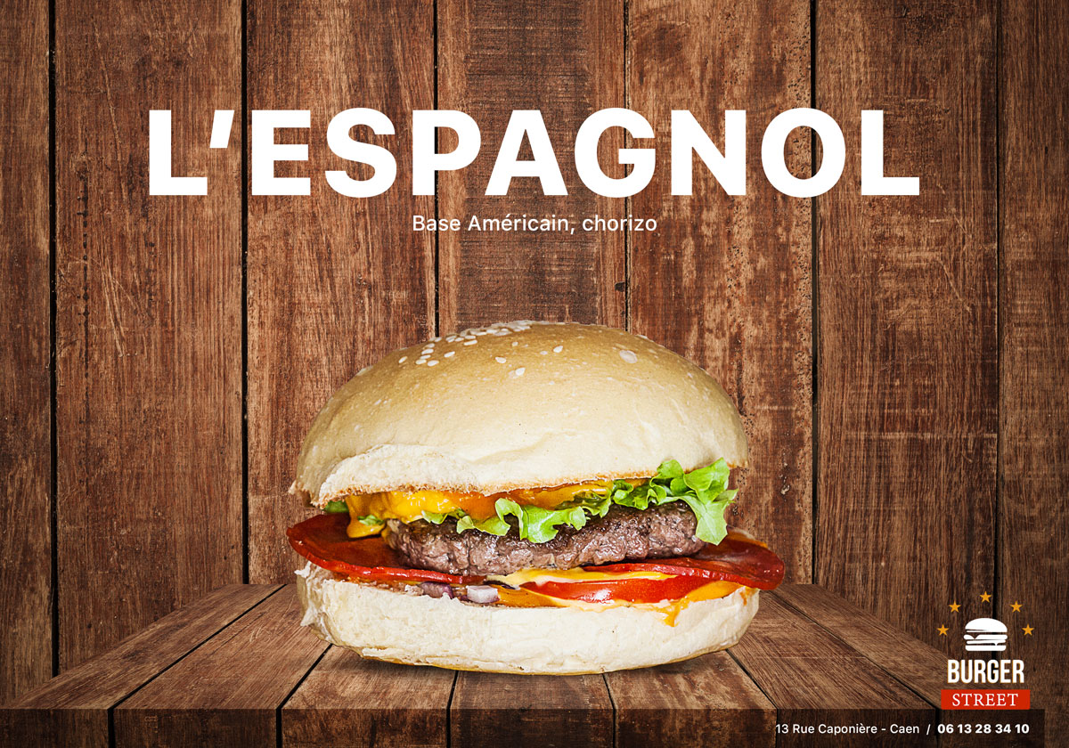 Illustration L'Espagnol - Fan de Chorizo ?

Commandez le burger Espagnol : Pain, sauce burger, oignons, tomate, cheddar, chorizo, steack, salade.
